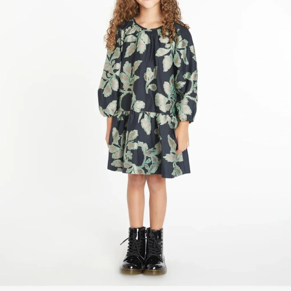Tanya Taylor XS Mini Elisabeth Dress Black Bloom NWT Ruffle Hem Long Sleeves